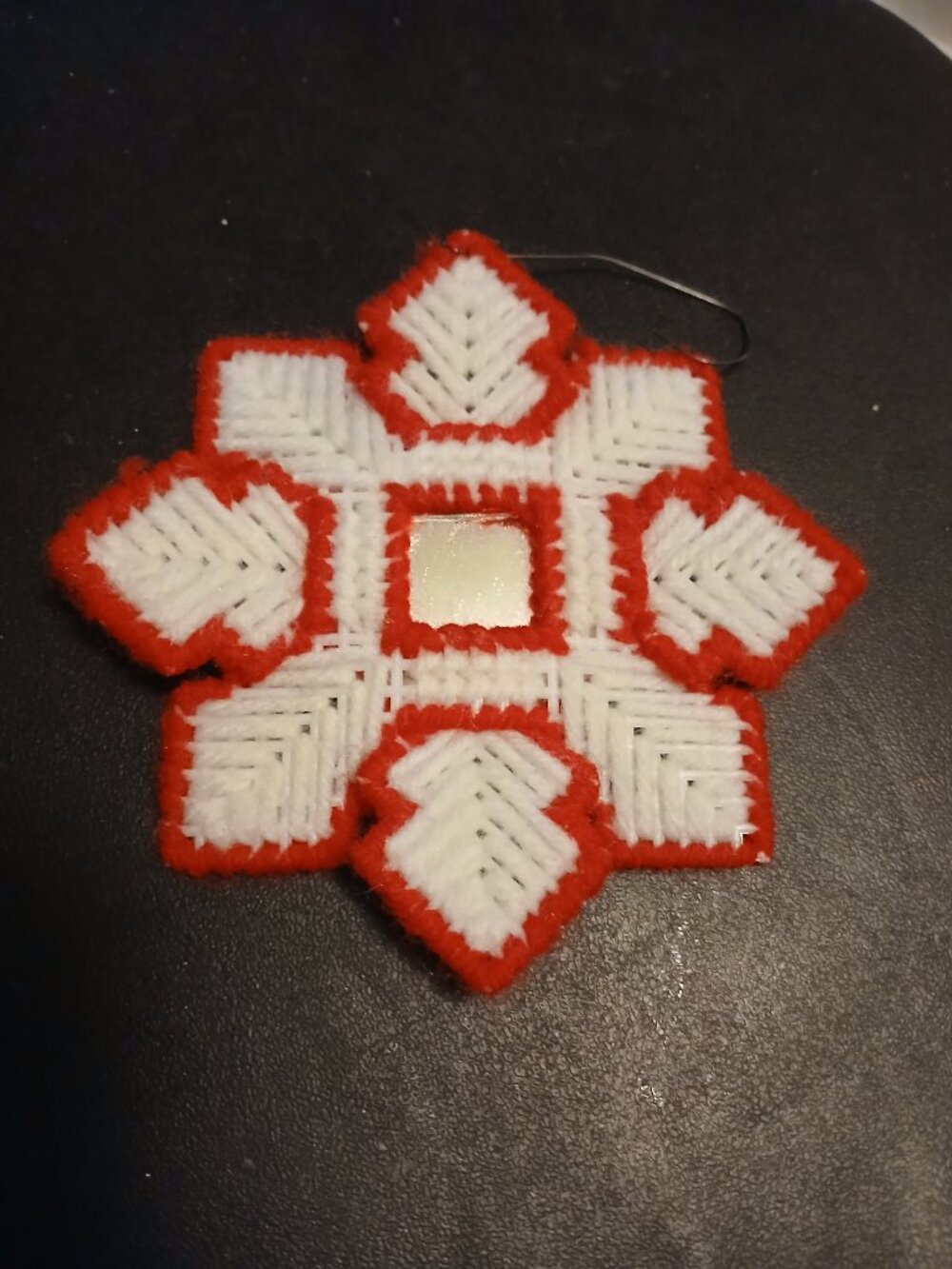 Handmade Star Christmas Ornament Red White Plastic Canvas Yarn Mirror